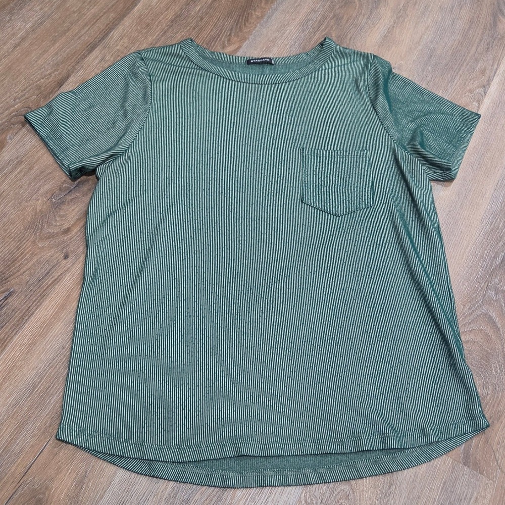 Staccato Green White Striped Short Sleeve Pocket Tee Shirt L